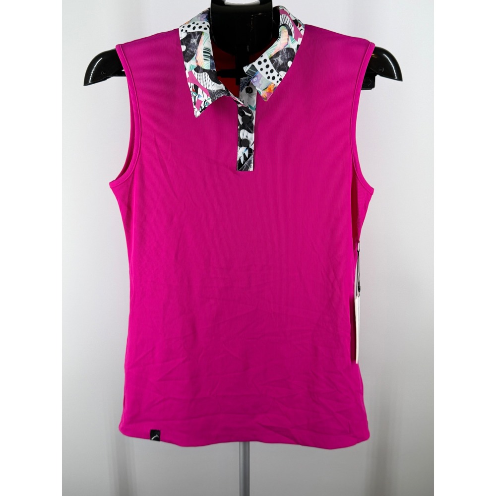 SwingDish Pink Sleeveless Golf Polo Shirt Abstract Print Collar Womens Small NWT